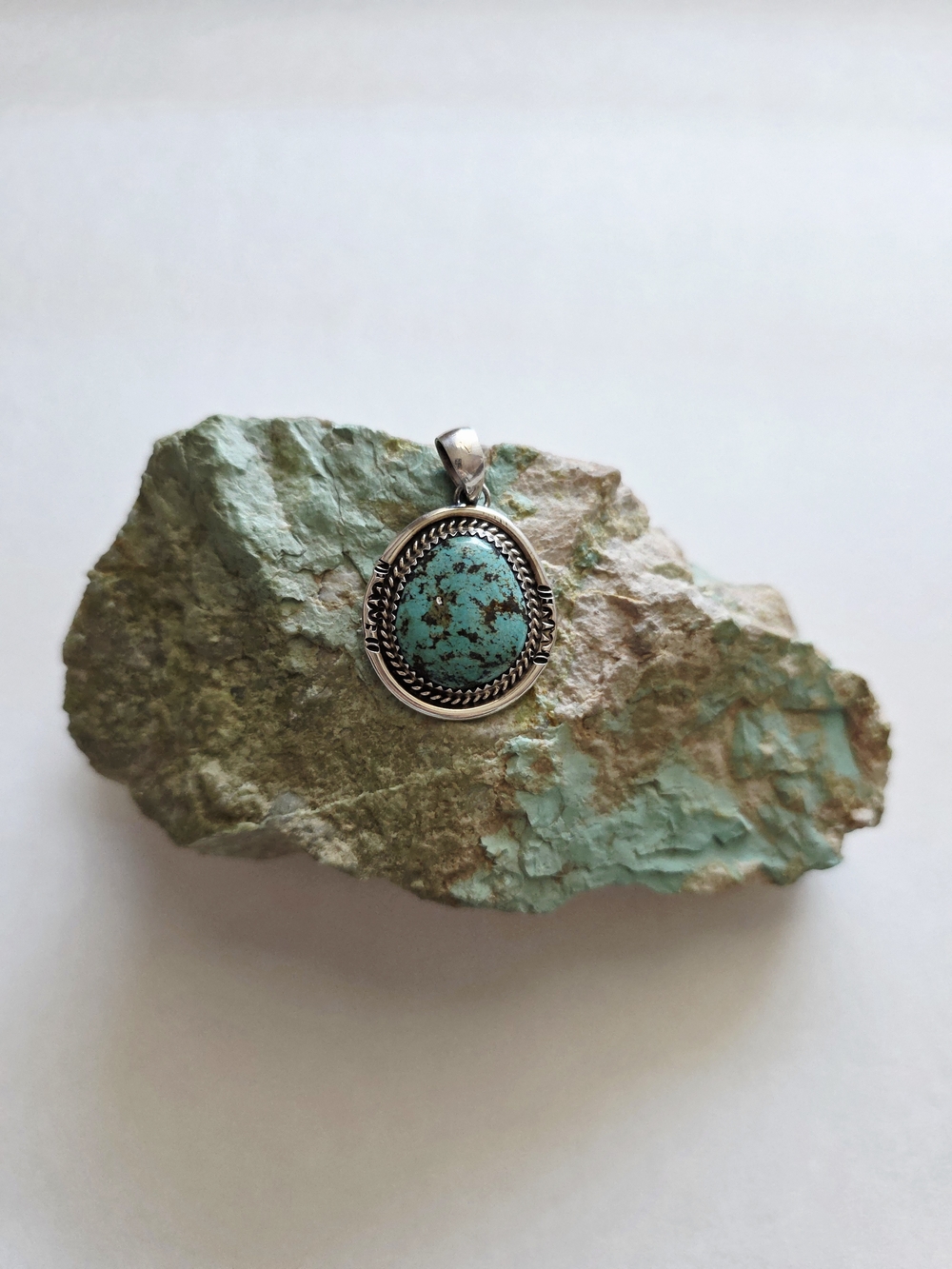 Turquoise Stone Silver Pendant - Teal Blue Necklace